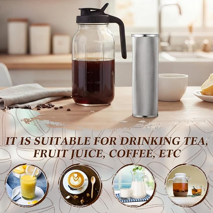 Cold Brew Coffee Filter with Brush for 64 Oz/2 Quart Wide Mouth Mason Jar Infuser 304 Stainless Steel Filter Food Grade Strainer with Sealing Ring for Iced Drink Fruit Tea Coffee Maker