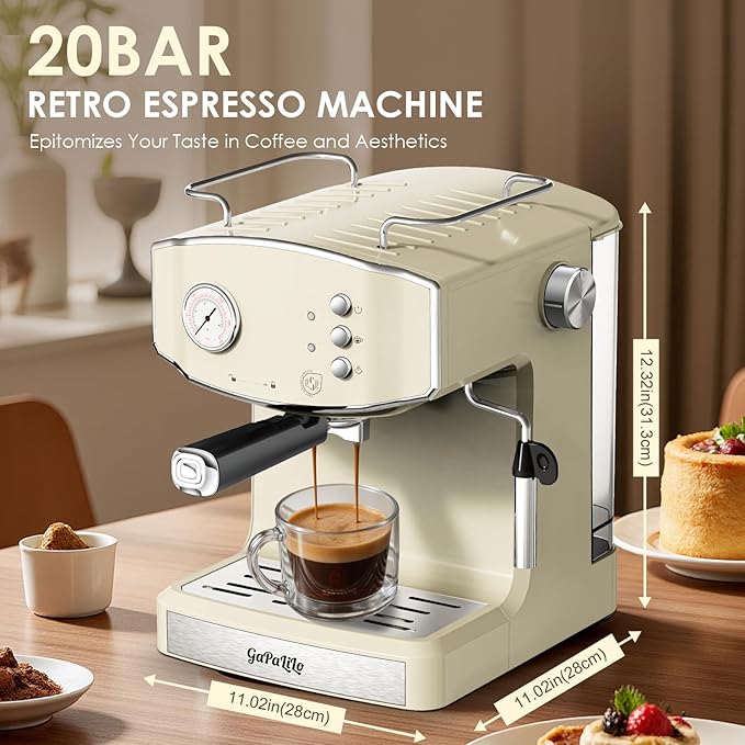 20 Bar Vintage Style Espresso Machine Coffee Maker with Milk Frother, ESE Pod Compatible Coffee Machine, Pressure Gauge, 54 oz PP Removable Water Tank, Ideal for Home Barista,Griege