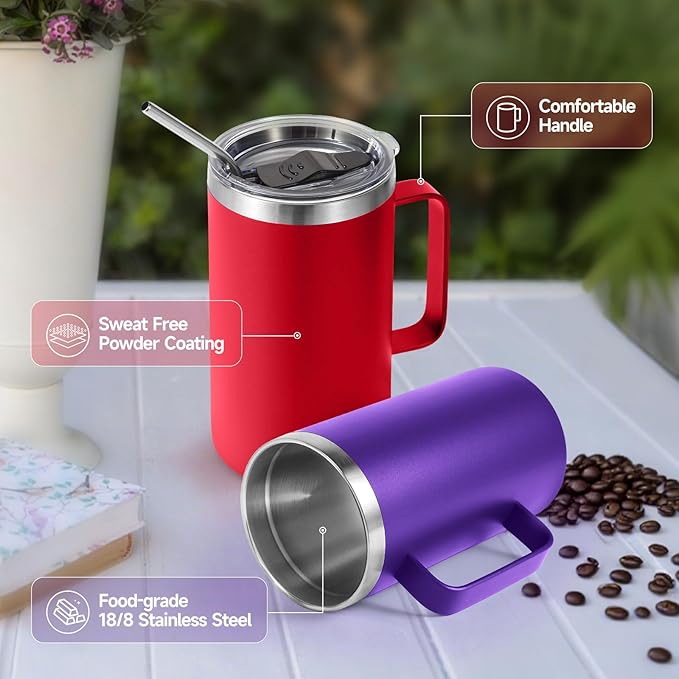 Volhoply 24oz Insulated Coffee Mug with Lid and Straw, Stainless Steel Travel Mugs with Handle, Double Wall Vacuum Leak Proof Coffee Tumbler Cup (Mix,2)