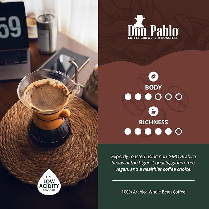 Don Pablo Gourmet Coffee - Signature Blend - Medium Dark Roast - Whole Bean Coffee - 100% Arabica Beans - Low Acidity and Non-GMO (2 Pound, Original)
