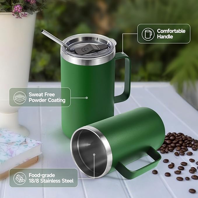 Volhoply 24oz Insulated Coffee Mug with Lid and Straw, Stainless Steel Travel Mugs with Handle, Double Wall Vacuum Leak Proof Coffee Tumbler Cup (Army Green,2)