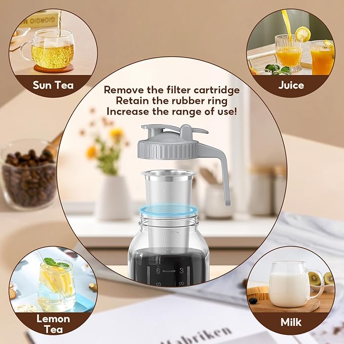 AHOMSEL Cold Brew Coffee Maker Jar - 2 Pack 64 oz/32 oz Glass Cold Brew Maker with Handle, Stainless Steel Filter & Leak-Proof Lid, Heavy Duty Cold Brew Pitcher for Iced Coffee, Sun Tea, and Milk