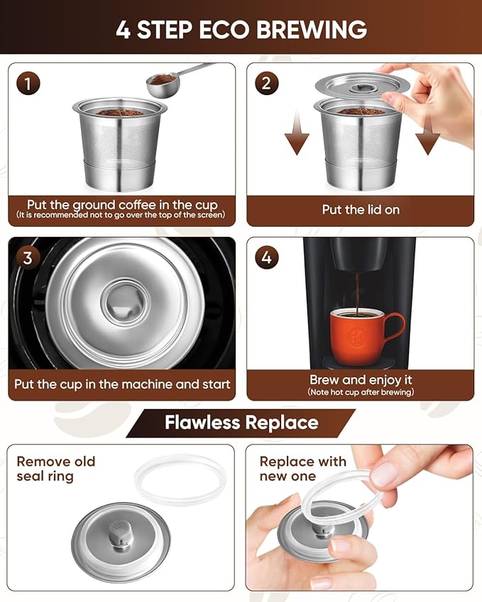 2 Pack Reusable K Cups for Keurig 1.0 - Stainless Steel K Cup Reusable Coffee Pods with Metal Scoop, Brush & 4 Extra Seals - Refillable Coffee Filters for K-Classic, K-Mini & K-Elite(Not for 2.0)