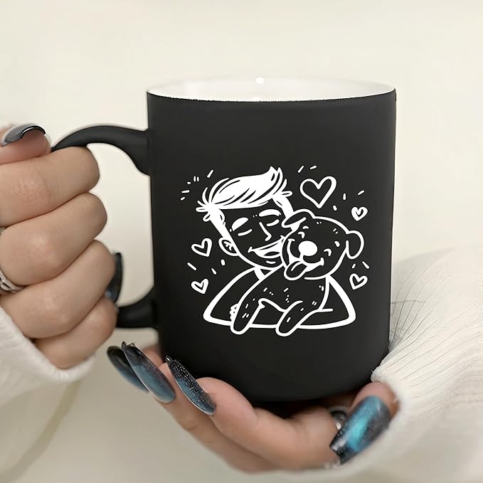 G MUGS Ceramic Coffee Tea Mug, Cute Boy & Dog Hug Design Mug (Solid Purple), Adorable Pet Lover Gift for Men Women,13oz Black Mug