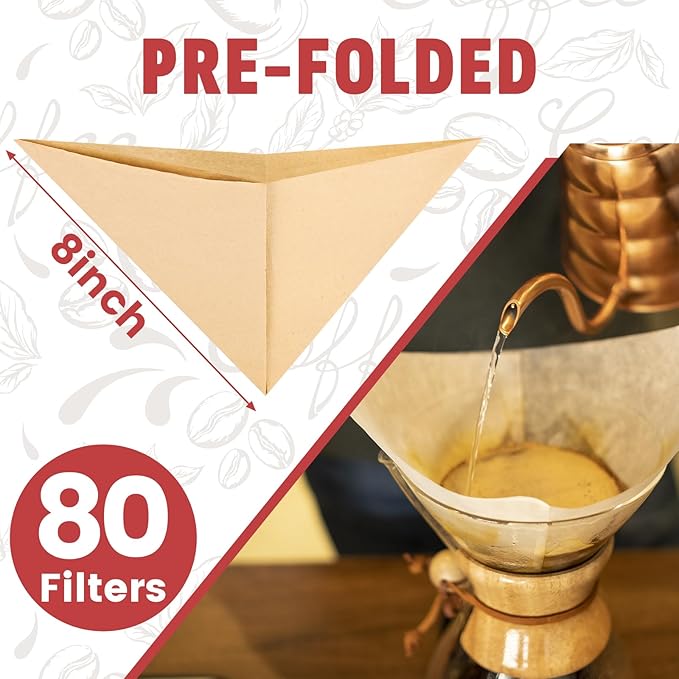 Pre-Folded Unbleached Cone Coffee Filters – Premium Canadian-Imported Thick Paper, Compatible with Chemex Pour-Over Brewers (80 Filters)