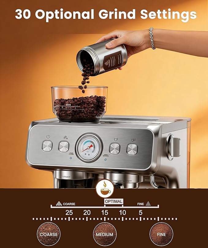 Dual Boiler Espresso Machine with Grinder, 20 Bar Espresso Machines-Use Milk Frother and Brew Coffee Machine Simultaneously, Removable Water Tank, Coffee Maker Cappuccino Latte, 95oz Water Tank