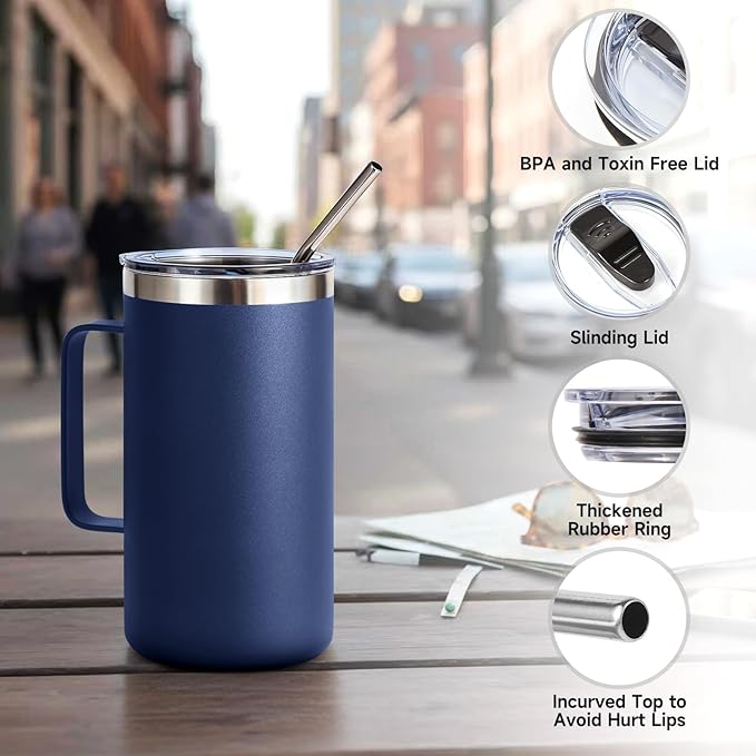 Volhoply 24oz Insulated Coffee Mug with Lid and Straw, Stainless Steel Travel Mugs with Handle, Double Wall Vacuum Leak Proof Coffee Tumbler Cup (Navy,1)