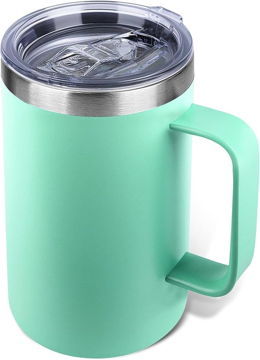 Zynkify 22oz Insulated Coffee Mug with Handle & Leak-Proof Lid - Double Wall Stainless Steel Travel Tumbler for Commute/Office/Home, Mint Green, 1 Pack