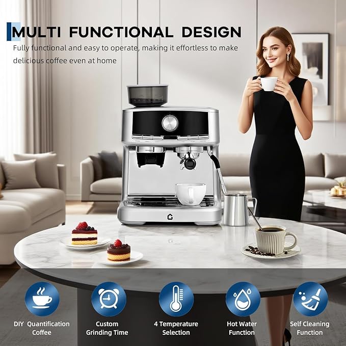 Professional Espresso Machine with Built-in Grinder, 20 Bar Pressure Stainless Steel Coffee Maker with Milk Frother, 1.5l Removable Water Tank for Latte & Cappuccino, Ideal for Home & Office Use