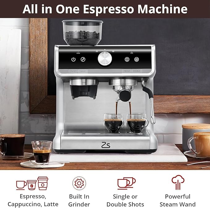 Stainless Steel Espresso Maker with Milk Frother - Coffee Machine 20 Bar Pressure, 2.8L Water Tank, Barista Kit, for Latte, Cappuccino, and Macchiato,Silver