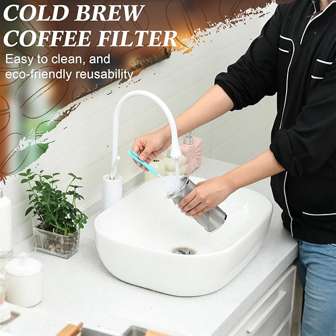 Cold Brew Coffee Filter with Brush for 32 Oz/1 Quart Wide Mouth Mason Jar Infuser 304 Stainless Steel Strainer Food Grade Filter with Sealing Ring for Iced Drink Fruit Tea Coffee Maker
