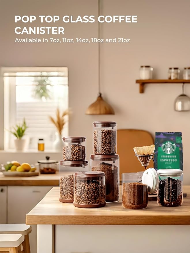 Glass Coffee Container - 900ml x 2 Pop Top Coffee Storage Airtight Canister, Large Ground Coffee Containers Coffee Jars with Lids