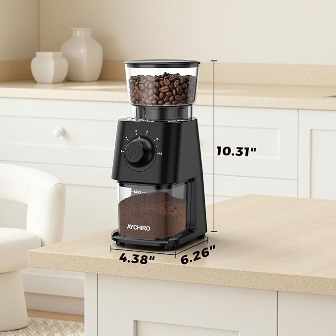 Coffee Grinder Electric, Coffee Beans Grinder for Home Use with 30 Grind Settings - 12 Cups Capacity for Espresso, Drip & Americano, Black