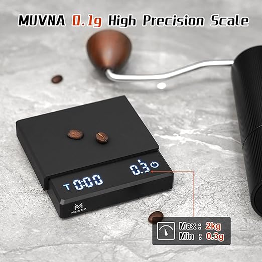 MUVNA 0.1g High Precision Digital Mini Coffee Scale, 0.3g to 2kg Measuring Range Rechargeable Espresso Mini Scale with Tare Function, LED Display (Black, ABS)