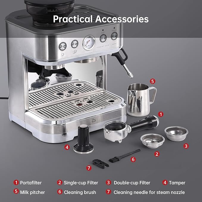 IDEALHOUSE Espresso Machine 3-in-1, Built-in Grinder and Milk Frother, Stainless Steel, 20 Bar Latte and Cappuccino Espresso Coffe Machine w/Automatic Milk Frothe & 95 Oz Water Tank for Office Cafe