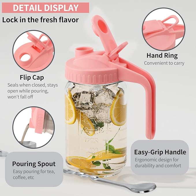 Cnsndqedke 64oz Glass Pitcher with Lid &Pour Spout - 2 Quart Breastmilk Pitcher Double Leak Proof, Creamer Container for Sun Tea, Juice, Cold Brew Coffee, Breastmilk Storage Container -Pink Lid
