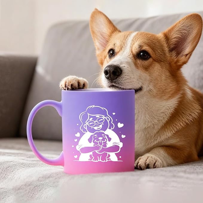 G MUGS Dog Lover Ceramic Coffee Mug, Cute Glasses Girl & Dog Hug Design Mug, Tea Mug, Adorable Pet Lover Gift for Women Teens,13oz Yellow And Pink Mug