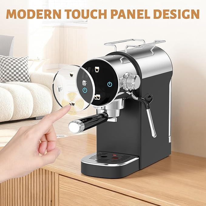 Espresso Machine, Touch Screen Control 20 Bar Espresso Coffee Maker with Steam Milk Frother for Latte & Cappuccino, Removable Water Tank, Modern Black Design