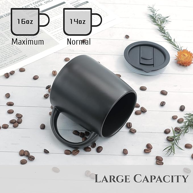 LINVIA Classic Mug, 14 oz Large Coffee Mug with Handle, Ceramic Porcelain Tea Cup, Smooth Matte (Sliding Lid, Set of 2, White and Black)