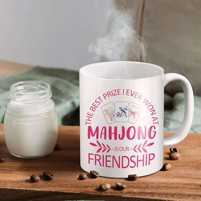 Preppy Pink Mahjong Mug, Gifts for Mahjong Players Mug, Mahjong Gift for Women Men, Mah jong Accessories and Gifts, Ceramic Coffee Tea Mug 11 oz