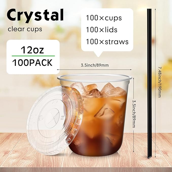 100 Set 12 oz Clear Plastic Cups with Lids and Straws, Disposable Iced Coffee PET Cups for Drinking Cold Beverage Juice Parfait Smoothie Milkshake Coffee Shops Party Supplies