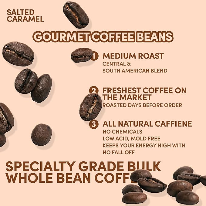Sarasota Coffee Whole Bean Salted Caramel | Medium Roast Gourmet Flavored Coffee Beans | Low Acid, Mold Free, Specialty Grade Bulk Beans | 5lb (80 oz)