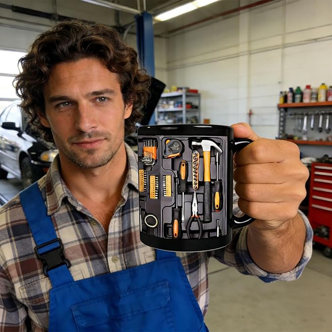 2026 New Mechanic Tool Kit with Fun 3D Printed Pattern Mug, 11oz Ceramic mechanical toolbox coffee cup Set, Perfect for Birthdays, Valentine's Day, and Father's Day (D)