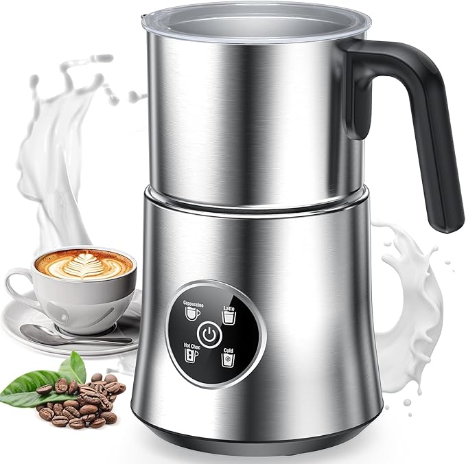 Milk Frother and Steamer with Heating Function - 4-in-1 Automatic Hot & Cold Milk Frother and Warmer, Stainless Steel Pitcher with Transparent Lid for Cappuccino, Latte, Hot Chocolate