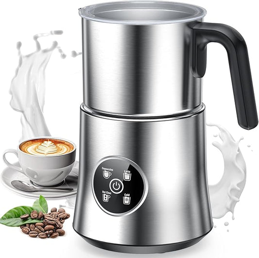 Milk Frother and Steamer with Heating Function - 4-in-1 Automatic Hot & Cold Milk Frother and Warmer, Stainless Steel Pitcher with Transparent Lid for Cappuccino, Latte, Hot Chocolate