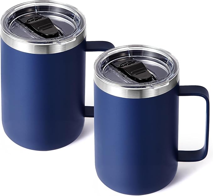 Volhoply 16oz Insulated Coffee Mug with Lid and Straw, Stainless Steel Travel Mugs with Handle, Double Wall Vacuum Leak Proof Coffee Tumbler Cup (Navy,2)