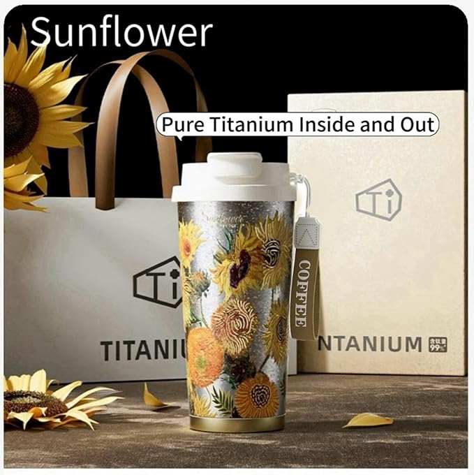 JWANGYUDG-100% Fully Titanium 17.5 oz Mug, 12-hour Thermal Insulation Coffee Mug, Artistic Travel Coffee Mug, Reusable Coffee Cup (Sunflower)