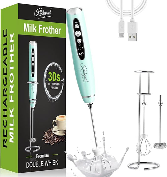 Kitchepool Rechargeable Milk Frother Wand with Stand for Coffee, Electric Whisk with 3 Speed Adjustable, Drink Mixer Handheld for Lattes, Cappuccino, Hot Chocolate, Egg, Light Green