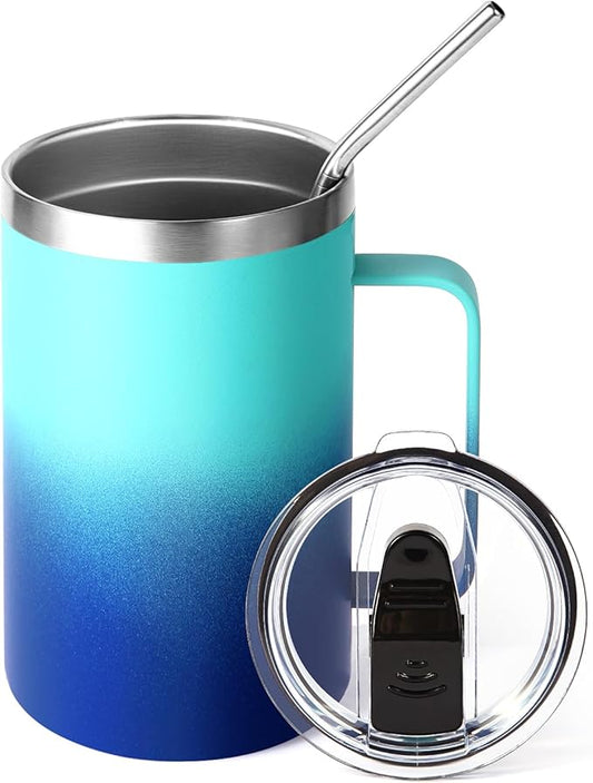 Volhoply 16oz Insulated Coffee Mug with Lid and Straw, Stainless Steel Travel Mugs with Handle, Double Wall Vacuum Leak Proof Coffee Tumbler Cup (Green Blue,1)