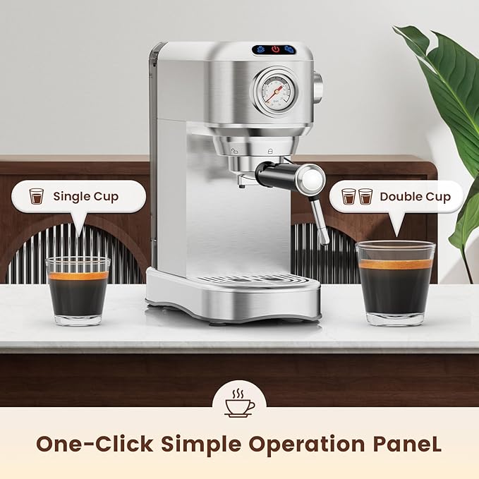 Espresso Machine 20 Bar, Compact Espresso Maker, Stainless Steel Professional Expresso Coffee Machines with Steam Milk Frother & 34oz Removable Water Tank for Home & Office, Latte, Cappuccino, Silver