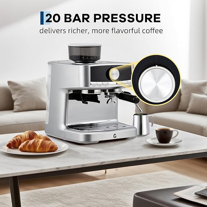 Professional Espresso Machine with Built-in Grinder, 20 Bar Pressure Stainless Steel Coffee Maker with Milk Frother, 1.5l Removable Water Tank for Latte & Cappuccino, Ideal for Home & Office Use