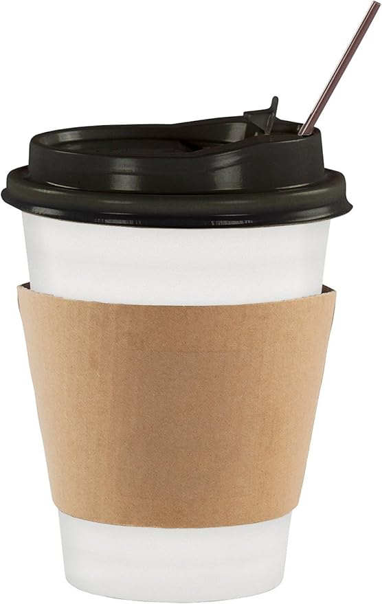 130 Disposable Paper Coffee Cups with Lids - 12 oz To Go Coffee Cups for Home, Office, Parties, Travel, Premium Paper Cups, includes Lids, Sleeves, Stirrers and Permanent Marker!