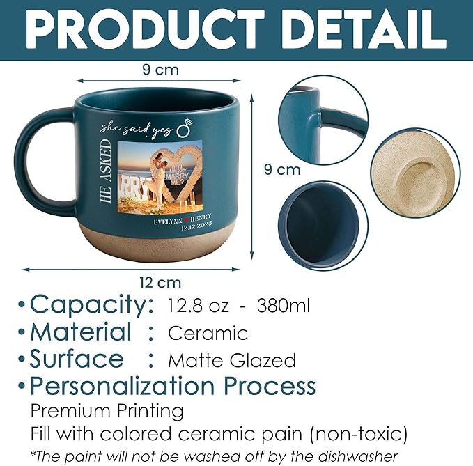 Personalized She Said Yes Engagement Photo Pottery Mug 12oz, Custom Couple Picture Mug with Names & Date, Wedding and Anniversary for Couple