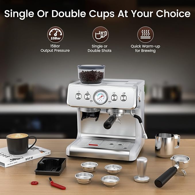 20 Bar Espresso Machine with Grinder & Milk Frother Steam Wand, 58mm Stainless Steel Coffee Maker, Expresso Coffee machines for Home and Café Use, Perfect for Cappuccino and Latte