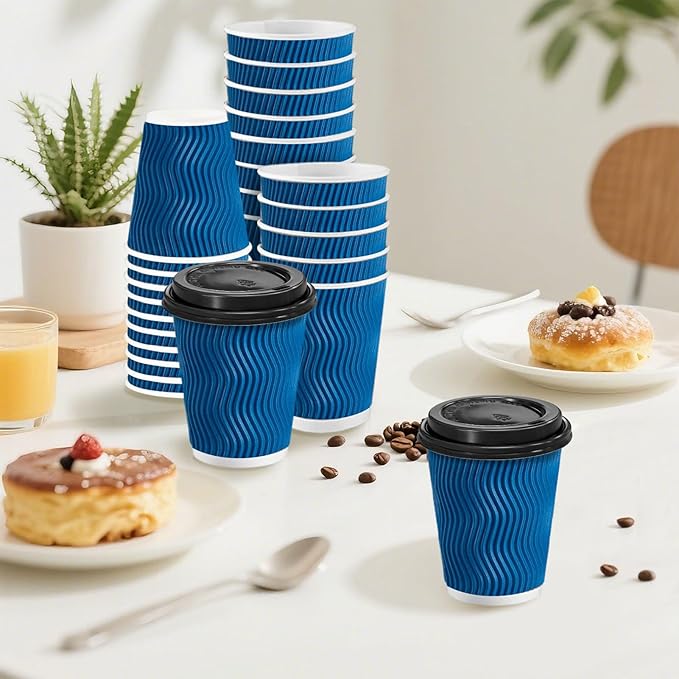 100 Pack Coffee Cups with Lids 10 oz, Disposable Insulated Ripple Wall To Go Paper Coffee Cups for Hot/Cold Drinks Office Home Shop Event (Navy)