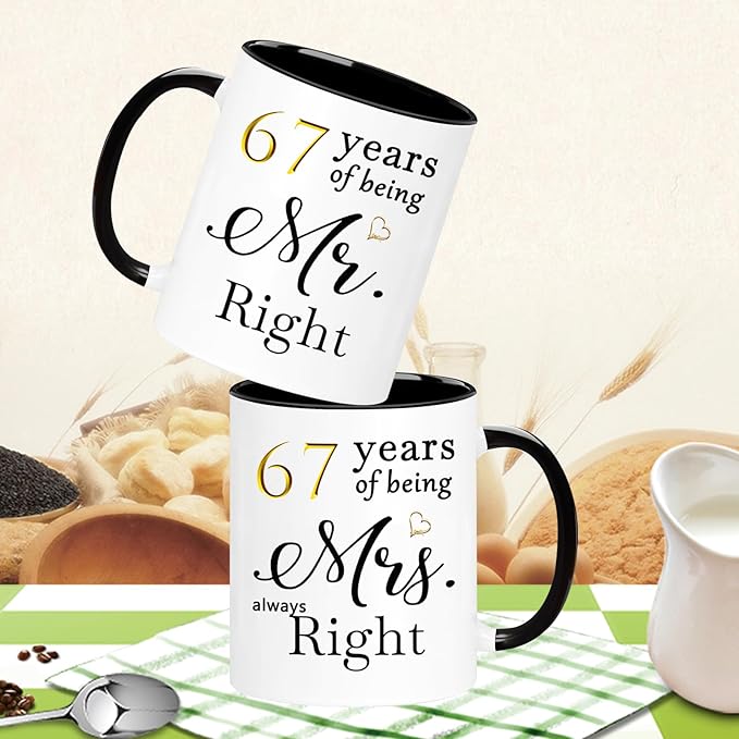 WOSIWULA 67 Year Anniversary Birthday Coffee Mugs Set of 2, 67th Wedding Anniversary Decorations Gifts for Couple Grandparents Parents Women Men Wife Husband Her Him, 67th Birthday Gifts, 11oz