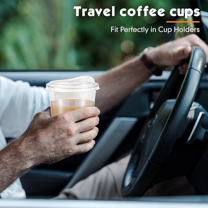 100 Sets Clear Plastic Cups with Strawless Sip Lids, Thickened Clear Disposable Plastic PET Crystal Cups for Iced Coffee, Smoothie, Cold Beverage, Drink Shops and Party Catering (14 oz)