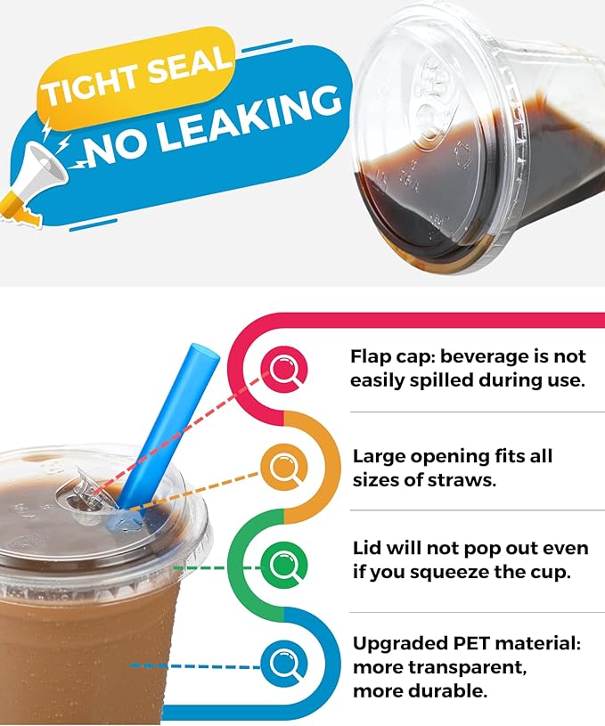 100 Pack 32 oz Clear Plastic Cups with Strawless-Sip-Lids, Disposable Cups Plastic Iced Coffee Cups, To Go Cups with Sip Through Lids for Smoothie, Milkshake, Cold Drinks for Party, Wedding, Event