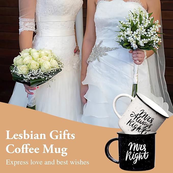 Physkoa Lesbian Wedding Gift – Mrs. Right & Mrs. Always Right Mug Set, Funny Lesbian Gift for Her, 11oz Ceramic Coffee Cups for Lesbian Couple, Engagement or Anniversary