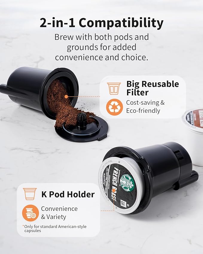 KIDISLE Hot & Iced Coffee Maker with Bold Setting, Single Serve Coffee Maker for K Cup and Grounds, 6-14 Oz Brew Sizes, 50 Oz Removable Water Tank, One Cup Coffee Machine with Reusable Filter, White