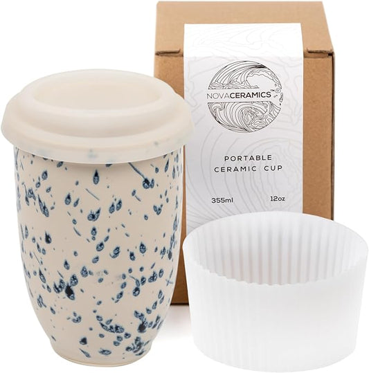 NOVA CERAMICS Travel Mug - Travel Size Mug – Reusable Coffee Mug Unique to Go Mug – Microwave & Dishwasher Safe Coffee White & Blue Tumbler - Gifts for Women Men Him Her – 12oz – Orchid