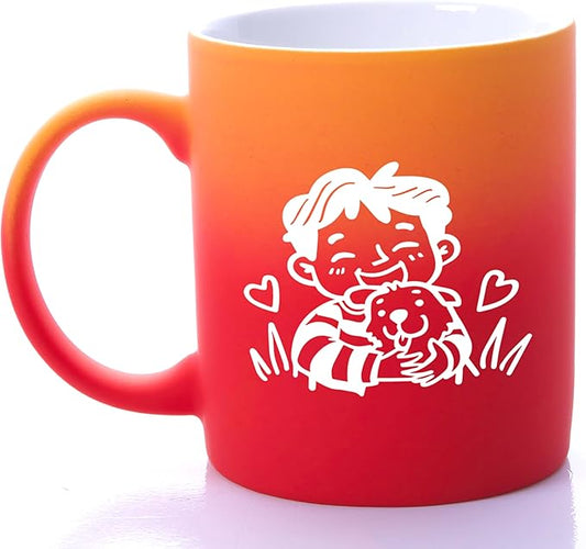 G MUGS Dog Lover Ceramic Coffee Mug - 13oz Ceramic Tea Mug with Kid & Puppy Hug Design, Gift for Men Boys Dog Enthusiasts Red And Yellow Mug