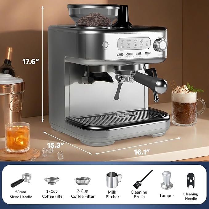 IDEALHOUSE Espresso Maker with Grinder,Milk Frother, 15 Bar Pump, 15 Grind Settings, Digital Display, High Power Milk Frother, Digital LCD Screen, Stainless Steel Coffee Maker for Home and Office