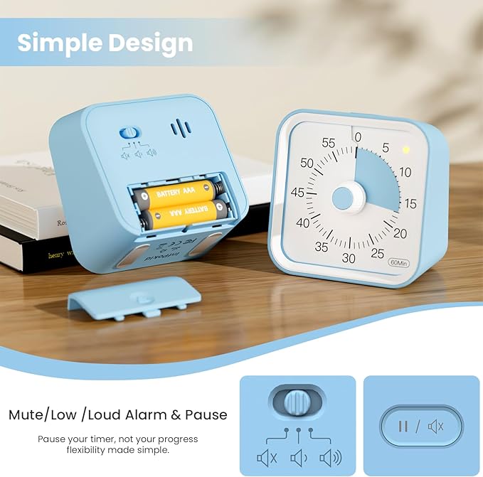 InfPokid Visual Timer for Kids with Pause Function, 60 Minute Countdown Timer for Kids Desk Study, Teaching, Kitchen Cooking, Office Meetings, Time Management for ADHD (Blue)