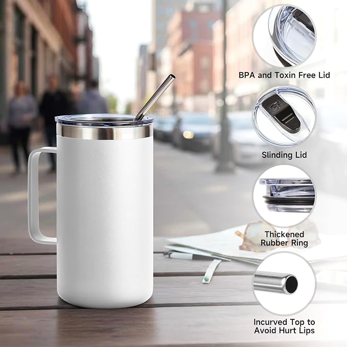 Volhoply 24oz Insulated Coffee Mug with Lid and Straw, Stainless Steel Travel Mugs with Handle, Double Wall Vacuum Leak Proof Coffee Tumbler Cup (Assorted,2)