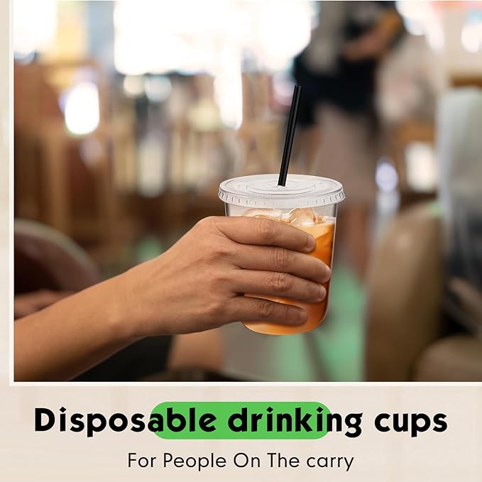 100 Set 14 oz Clear Plastic Cups with Lids and Straws, Disposable Iced Coffee PET Cups for Drinking Cold Beverage Juice Parfait Smoothie Milkshake Coffee Shops Party Supplies